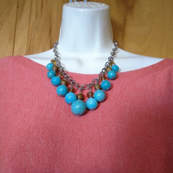 CHUNKY BEADED FAUX TURQUOISE FACETED PRINCESS NECKLACE SILVER TONE CHAIN J10 - Picture 2 of 7